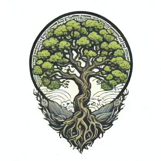TREE OF LIFE WITH JAPANESE SUN IN THE CORNER tattoo design idea