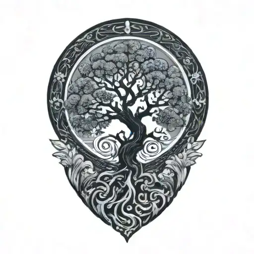 TREE OF LIFE WITH JAPANESE SUN IN THE CORNER tattoo design idea