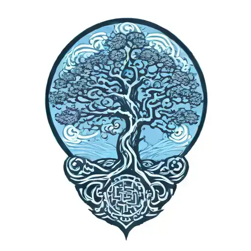 TREE OF LIFE WITH JAPANESE SUN IN THE CORNER tattoo design idea