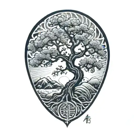TREE OF LIFE WITH JAPANESE SUN IN THE CORNER tattoo design idea