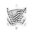 An abstract design combining checkered flags with vintage Chevrolet muscle car details in a dotwork style tattoo design idea