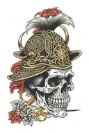 Skull in a Japanese samurai helmet in red and gold color tattoo design idea