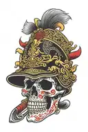 Skull in a Japanese samurai helmet in red and gold color tattoo design idea