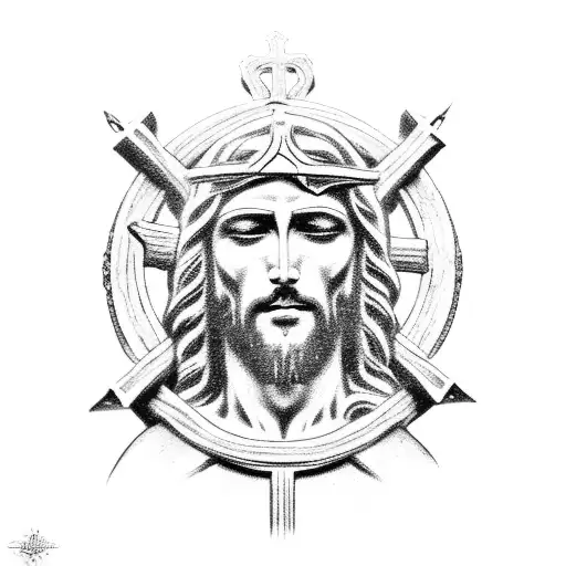 jesus clavado en la cruz y la virgen dolorosa con las 7 espadas  tattoo design idea