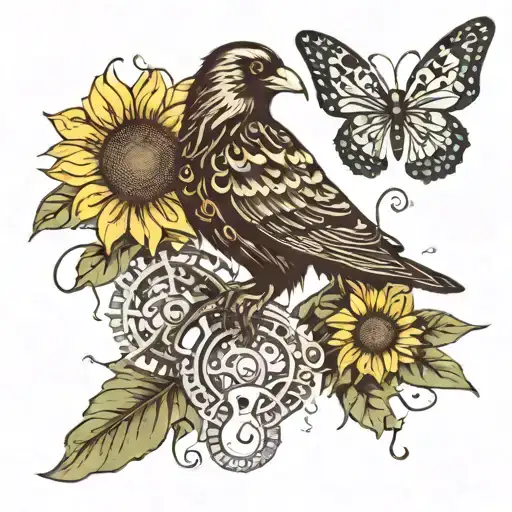 crow, music notes, sunflower, butterfly, tools, gears, cheetah print tattoo design idea