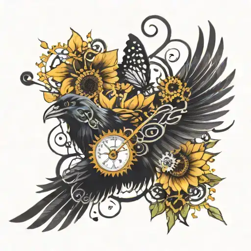 crow, music notes, butterfly, sunflower, tools, gears, cheetah print tattoo design idea
