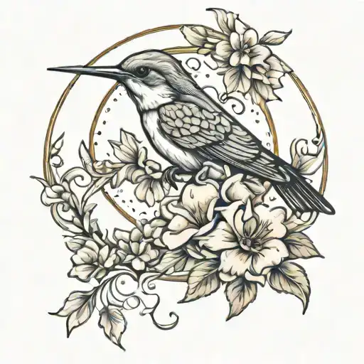 crescent moon with hummingbird and flowers tattoo design idea