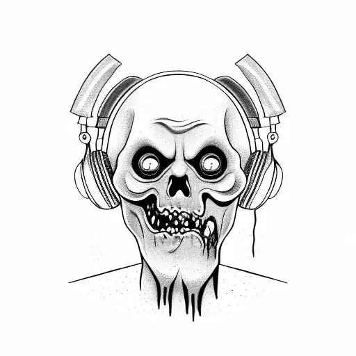 Zombie head wearing headphones tattoo design idea