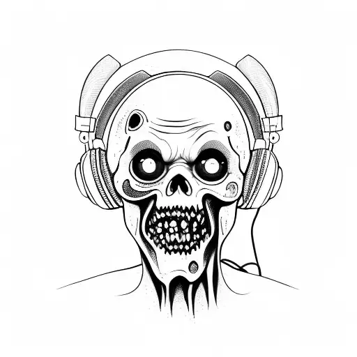 Zombie head wearing headphones tattoo design idea