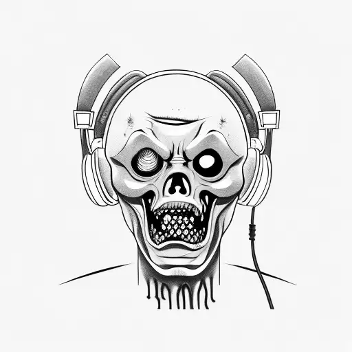 Zombie head wearing headphones tattoo design idea