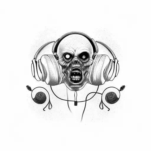 Zombie head wearing headphones tattoo design idea