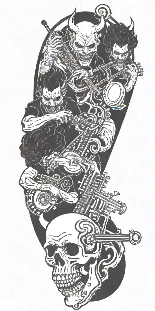 devils playing classical Instruments tattoo design idea