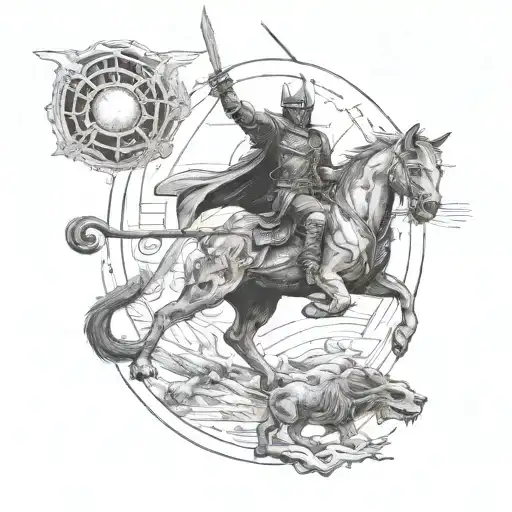 An epic battle scene between mythical creatures inspired by ancient Greece and Lord of the Rings, with a black cat as a silent observer tattoo design idea