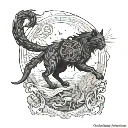 An epic battle scene between mythical creatures inspired by ancient Greece and Lord of the Rings, with a black cat as a silent observer tattoo design idea