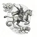 An epic battle scene between mythical creatures inspired by ancient Greece and Lord of the Rings, with a black cat as a silent observer tattoo design idea