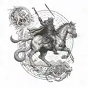 An epic battle scene between mythical creatures inspired by ancient Greece and Lord of the Rings, with a black cat as a silent observer tattoo design idea