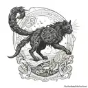 An epic battle scene between mythical creatures inspired by ancient Greece and Lord of the Rings, with a black cat as a silent observer tattoo design idea