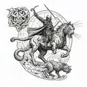 An epic battle scene between mythical creatures inspired by ancient Greece and Lord of the Rings, with a black cat as a silent observer tattoo design idea