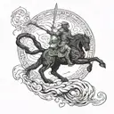 An epic battle scene between mythical creatures inspired by ancient Greece and Lord of the Rings, with a black cat as a silent observer tattoo design idea