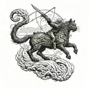 An epic battle scene between mythical creatures inspired by ancient Greece and Lord of the Rings, with a black cat as a silent observer tattoo design idea