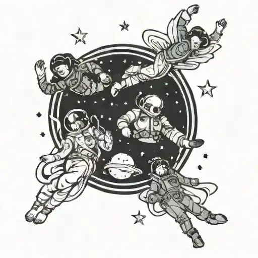 four people floating in space tattoo design idea