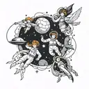 four people floating in space tattoo design idea
