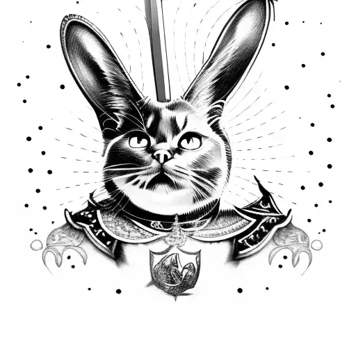 black cat and silver bunny as knights with swords covering eachother tattoo design idea