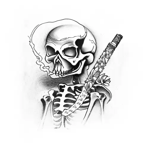 A thrasher skeleton smoking a joint tattoo design idea