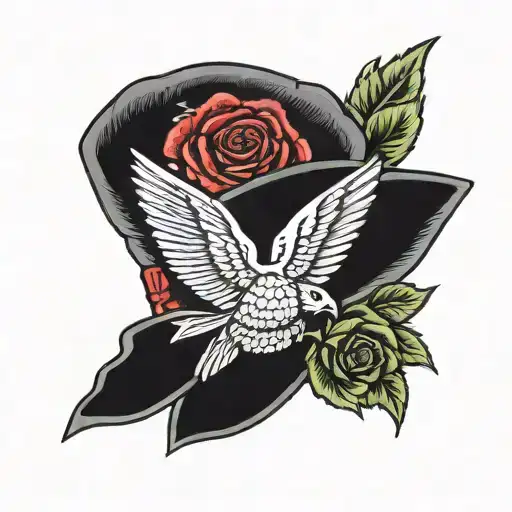 police beret with just one wing on the left side of the image and a red rose with just one wing on the right. tattoo design idea