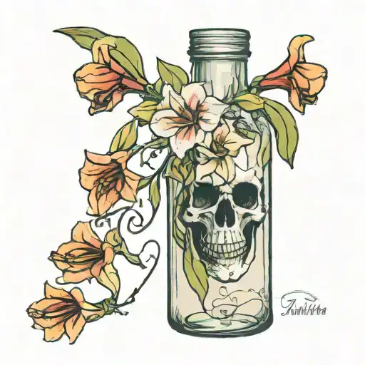Simple amaryllis flower being held inside of an old milk bottle by a skeleton with the milk label wrapped around it that tattoo design idea