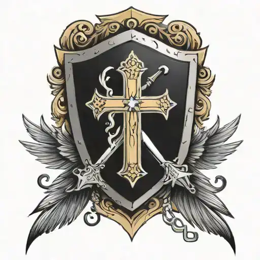 shield with a cross a key a phoenix a sword tattoo design idea