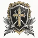 shield with a cross a key a phoenix a sword tattoo design idea