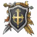 shield with a cross a key a phoenix a sword tattoo design idea