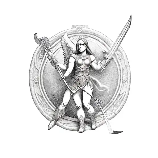 warrior cupid with sword and shield tattoo design idea