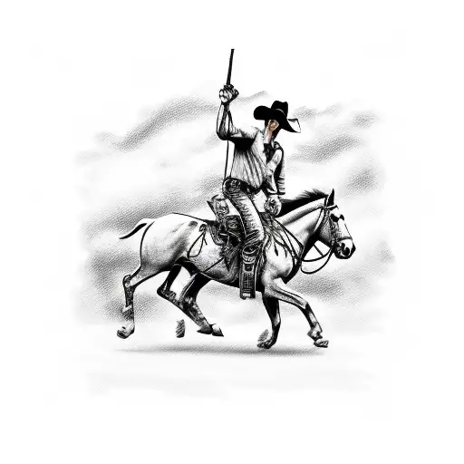 A detailed sketch of a cowboy holding a lever action rifle while riding a bucking bronco tattoo design idea