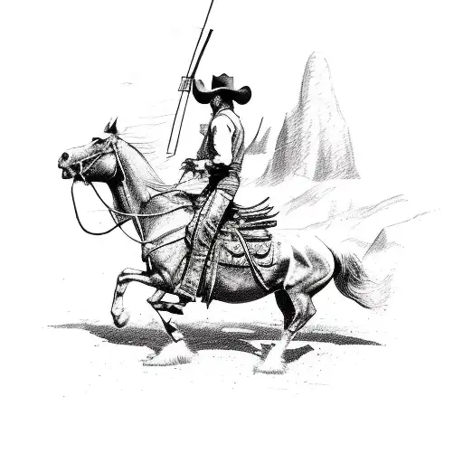 A detailed sketch of a cowboy holding a lever action rifle while riding a bucking bronco tattoo design idea