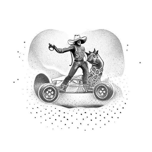 A dotwork illustration of a cowboy riding an F1 car through a desert tattoo design idea