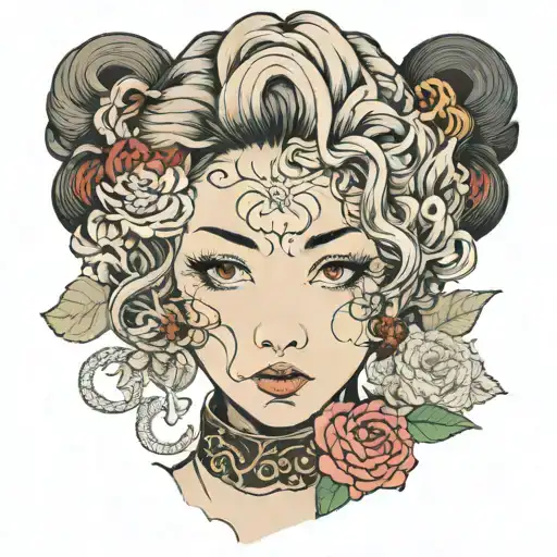 short curly haired girl with eyeliner  tattoo design idea
