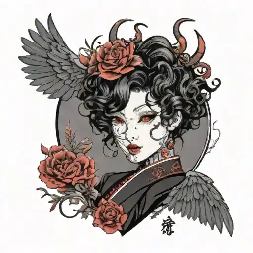 goth short curly haired with eyeliner wings and lipstick tattoo design idea
