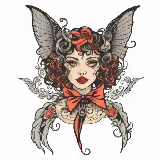 goth short curly haired with eyeliner wings and lipstick tattoo design idea