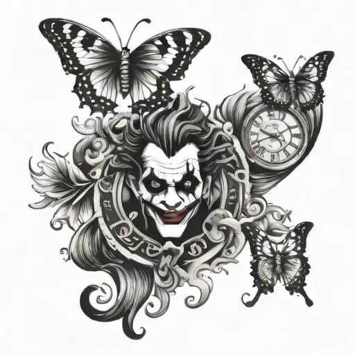 Joker and time and Phoenix and Money and butterfly tattoo design idea