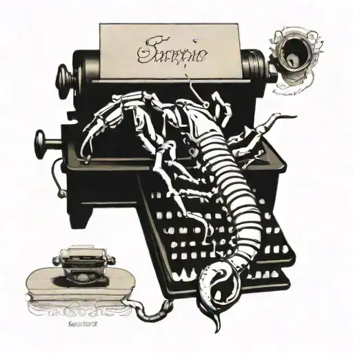 A scorpion crawling out of a vintage typewriter with the word 'Scorpio' in elegant script lettering tattoo design idea