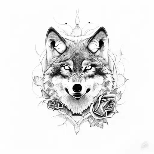 wolf come out from mirror with rose in mouth tattoo design idea