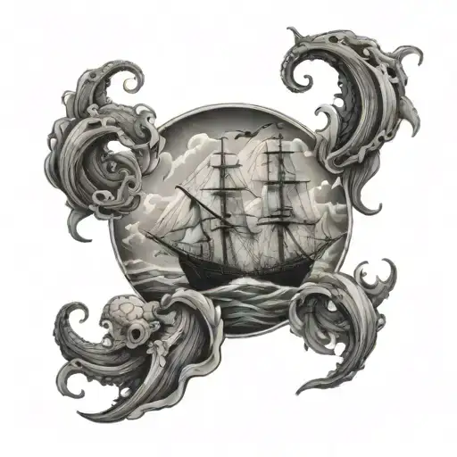 ship sailing through stormy sea with octopuses, whales, & sea creatures tattoo design idea