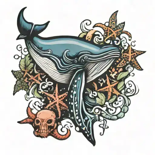 whale, octopuses, starfish, and sea creatures  tattoo design idea