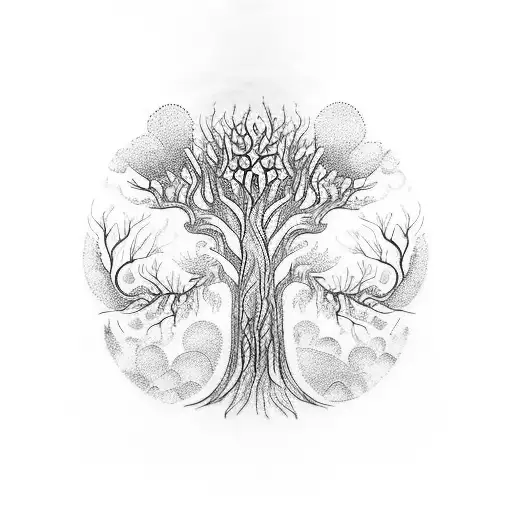 A blackwork tattoo of a mystical forest with hidden therapeutic symbols among the trees, representing the healing power of nature. tattoo design idea