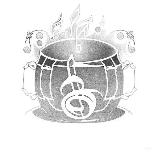 A tattoo design of a cooking pot overflowing with vibrant flowers and musical notes floating around it tattoo design idea