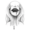Female vampire with sharp teeth. She has blood dripping down the sides of her mouth. Her face is surrounded by a coffin  tattoo design idea