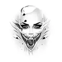 Female vampire with sharp teeth. She has blood dripping down the sides of her mouth. Her face is surrounded by a coffin  tattoo design idea