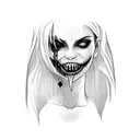 Female vampire with sharp teeth. She has blood dripping down the sides of her mouth. Her face is surrounded by a coffin  tattoo design idea